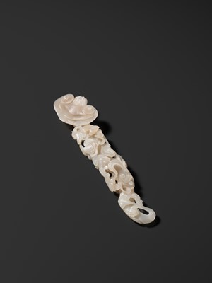 Lot 170 - A RETICULATED WHITE JADE RUYI IN THE FORM OF A LINGZHI WITH BATS, QING DYNASTY