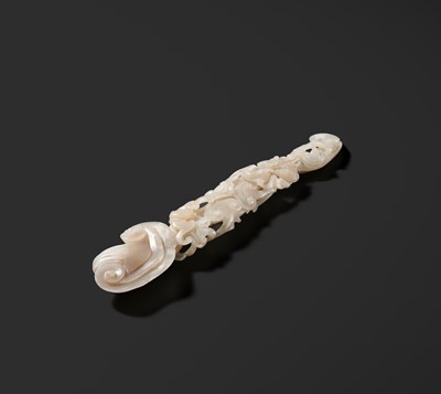 Lot 170 - A RETICULATED WHITE JADE RUYI IN THE FORM OF A LINGZHI WITH BATS, QING DYNASTY