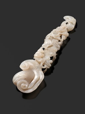 Lot 170 - A RETICULATED WHITE JADE RUYI IN THE FORM OF A LINGZHI WITH BATS, QING DYNASTY