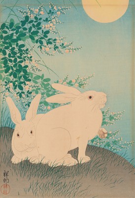 OHARA KOSON: TWO RABBITS WITH FLOWERING BUSH COVER UNDER A FULL MOON