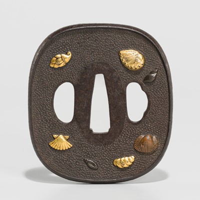 Lot 197 - A FINE IRON TSUBA WITH SEASHELLS