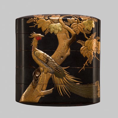 Lot 412 - JOKA: A BLACK AND GOLD LACQUER FOUR-CASE INRO DEPICTING A HO-O BIRD AND A PEACOCK