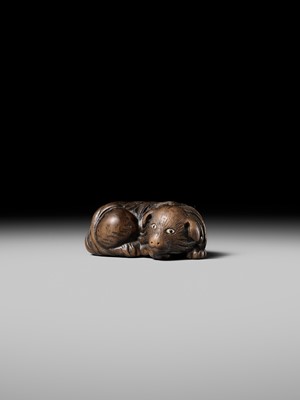 Lot 141 - A RARE WOOD NETSUKE OF A JAKONEKO (MUSK CAT)