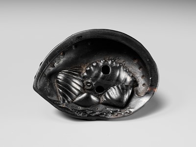 Lot 181 - YASUTSUGU: A LARGE EBONY WOOD NETSUKE OF AN OCTOPUS ON AN AWABI SHELL