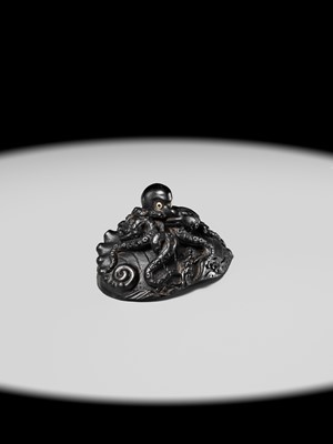 Lot 181 - YASUTSUGU: A LARGE EBONY WOOD NETSUKE OF AN OCTOPUS ON AN AWABI SHELL