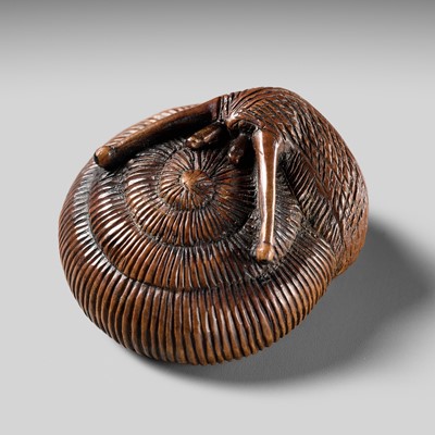 Lot 462 - TADAYUKI: A FINE WOOD NETSUKE OF A SNAIL