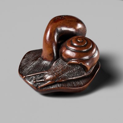 Lot 112 - MASANAO: A RARE YAMADA SCHOOL WOOD NETSUKE OF A SNAIL ON A MUSHROOM