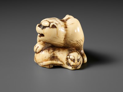 Lot 47 - A GOOD IVORY NETSUKE OF A TIGER AND CUB, ATTRIBUTED TO HAKURYU II
