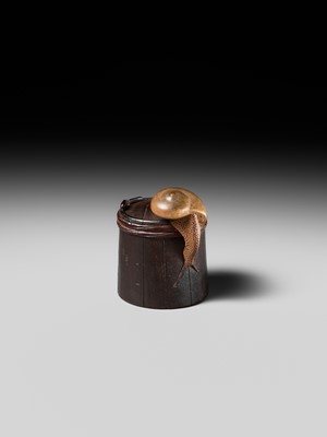 Lot 174 - SHIGEMASA: A SUPERB WOOD NETSUKE OF A SNAIL ON BUCKET