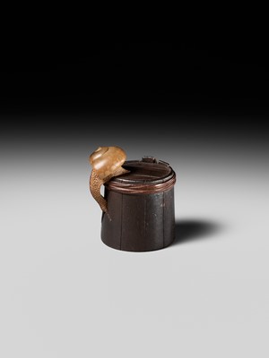 Lot 174 - SHIGEMASA: A SUPERB WOOD NETSUKE OF A SNAIL ON BUCKET