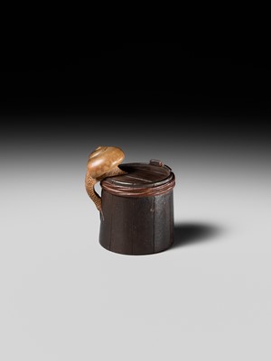 Lot 174 - SHIGEMASA: A SUPERB WOOD NETSUKE OF A SNAIL ON BUCKET