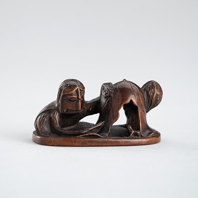 MATSUDA SUKENAGA: A FINE WOOD NETSUKE OF KAPPA AND FROG