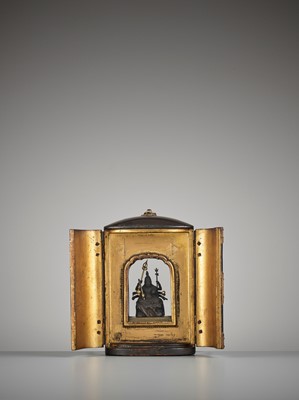 Lot 159 - A LACQUERED WOOD DOUBLE-SIDED TRAVELING SHRINE, ZUSHI, WITH A FIGURE OF MARISHITEN