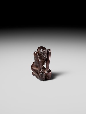 Lot 204 - KOICHI: AN UNUSUAL WOOD NETSUKE OF A KNEELING OLD MAN