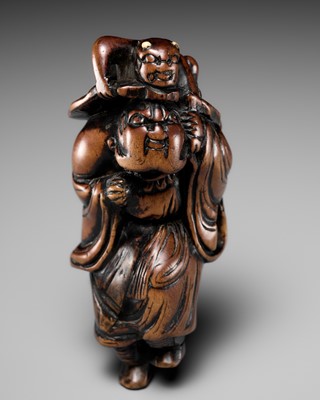 Lot 78 - A LARGE AND POWERFUL WOOD NETSUKE OF SHOKI AND ONI