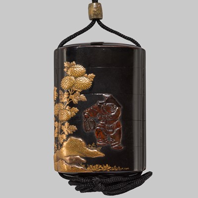 Lot 403 - AN EARLY INLAID LACQUER FOUR-CASE INRO DEPICTING KARAKO