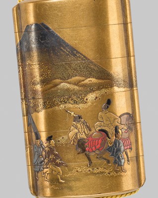 Lot 57 - KAJIKAWA: A FIVE-CASE LACQUER INRO WITH ARIWARA NO NARIHIRA PASSING MOUNT FUJI ON HIS JOURNEY TO THE EAST