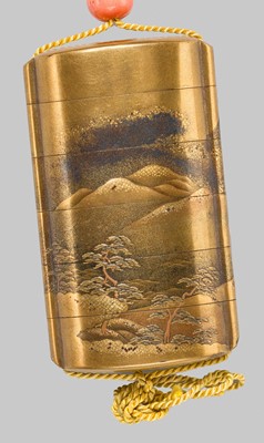 Lot 57 - KAJIKAWA: A FIVE-CASE LACQUER INRO WITH ARIWARA NO NARIHIRA PASSING MOUNT FUJI ON HIS JOURNEY TO THE EAST