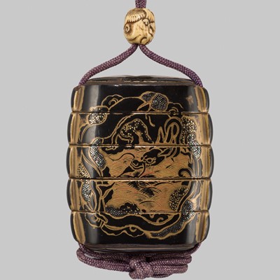 Lot 402 - AN EARLY BLACK AND GOLD LACQUER FOUR-CASE INRO WITH DRAGONS