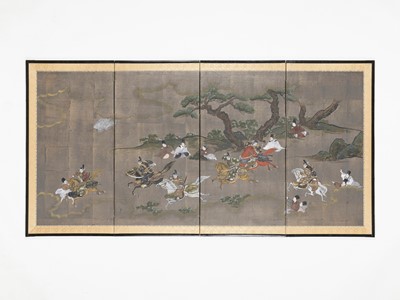 Lot 272 - A FINE FOUR-PANEL FOLDING SCREEN DEPICTING WARRIORS AND SAMURAI