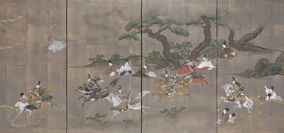 Lot 272 - A FINE FOUR-PANEL FOLDING SCREEN DEPICTING WARRIORS AND SAMURAI