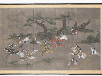 Lot 272 - A FINE FOUR-PANEL FOLDING SCREEN DEPICTING WARRIORS AND SAMURAI