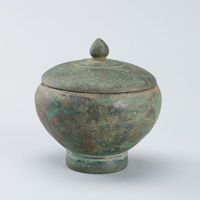 Lot 1036 - A BRONZE MEDICINE VESSEL AND COVER, KHMER STYLE