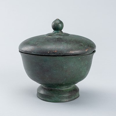 Lot 1038 - A BRONZE MEDICINE VESSEL AND COVER, KHMER STYLE