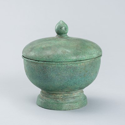 Lot 1037 - A BRONZE MEDICINE VESSEL AND COVER, KHMER STYLE