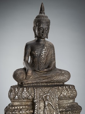 Lot 1026 - A FINE SILVER PLATED FIGURE OF BUDDHA IN MARAVIJAYA