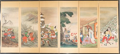 A SIX-PANEL BYOBU SCREEN FEATURING SCENES INSPIRED BY WOODBLOCK PRINTS