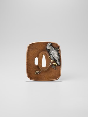 Lot 249 - OKAWA TEIKAN: A SUPERB SENTOKU AND SUAKA TSUBA DEPICTING A COCKATOO, DATED 1866