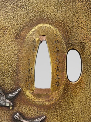 Lot 249 - OKAWA TEIKAN: A SUPERB SENTOKU AND SUAKA TSUBA DEPICTING A COCKATOO, DATED 1866