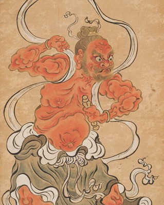 Lot 312 - A FINE SCROLL PAINTING OF A FIERCE NIO GUARDIAN