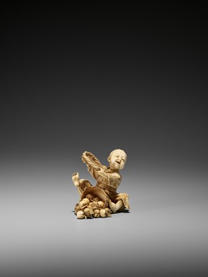 Lot 212 - DOSAI: AN AMUSING IVORY OKIMONO OF A BOY WITH A BROKEN BASKET OF PERSIMMONS