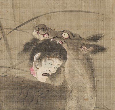 Lot 325 - SAITO KYOBUN: A FINE SCROLL PAINTING OF A WOLF WITH A DECAPITATED HEAD