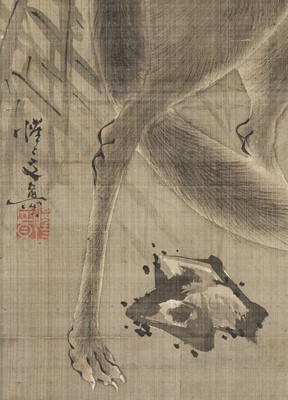 Lot 325 - SAITO KYOBUN: A FINE SCROLL PAINTING OF A WOLF WITH A DECAPITATED HEAD