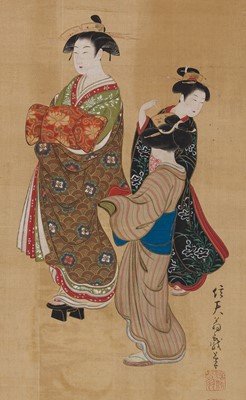 Lot 259 - TSUKIOKA SETTEI (1726-1786): A FINE SCROLL PAINTING OF THREE STANDING COURTESANS