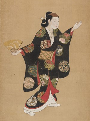 Lot 257 - ATTRIBUTED TO TORII KIYOMITSU: A FINE SCROLL PAINTING OF AN ONNAGATA ACTOR