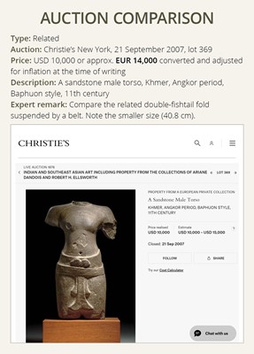 Lot 347 - A SANDSTONE TORSO OF A MALE DEITY, KHMER, ANGKOR PERIOD