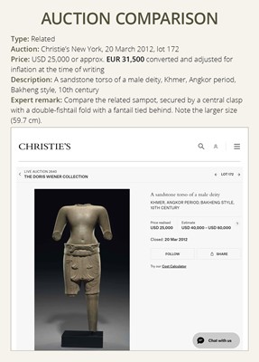 Lot 347 - A SANDSTONE TORSO OF A MALE DEITY, KHMER, ANGKOR PERIOD