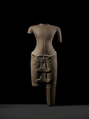 Lot 347 - A SANDSTONE TORSO OF A MALE DEITY, KHMER, ANGKOR PERIOD