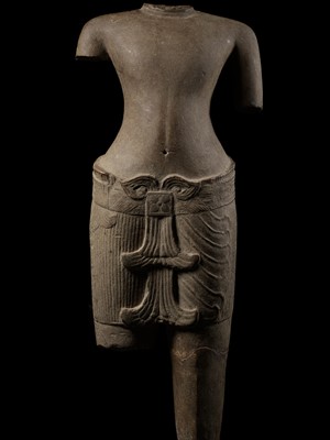 Lot 347 - A SANDSTONE TORSO OF A MALE DEITY, KHMER, ANGKOR PERIOD