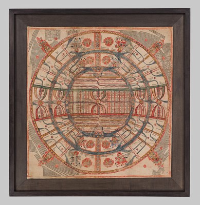 Lot 310 - AN INSCRIBED JAIN COSMOLOGICAL DIAGRAM DEPICTING TRILOKA (THE THREE WORLDS), GUJARAT, 16TH CENTURY