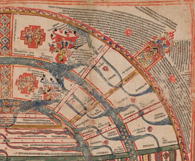 Lot 310 - AN INSCRIBED JAIN COSMOLOGICAL DIAGRAM DEPICTING TRILOKA (THE THREE WORLDS), GUJARAT, 16TH CENTURY
