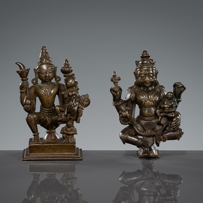 Lot 295 - A PAIR OF BRONZE FIGURES DEPICTING UMAMAHESVARA AND VISNHU WITH LAKSHMI, 17TH-18TH CENTURY