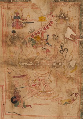 Lot 309 - A LARGE AND RARE JAIN PATAKA PAINTING INSCRIBED WITH YANTRAS AND MANTRAS, RAJASTHAN, 16TH CENTURY