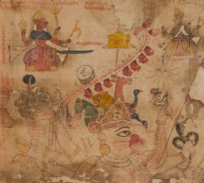 Lot 309 - A LARGE AND RARE JAIN PATAKA PAINTING INSCRIBED WITH YANTRAS AND MANTRAS, RAJASTHAN, 16TH CENTURY