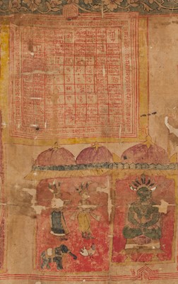 Lot 309 - A LARGE AND RARE JAIN PATAKA PAINTING INSCRIBED WITH YANTRAS AND MANTRAS, RAJASTHAN, 16TH CENTURY