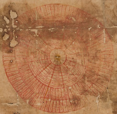 Lot 309 - A LARGE AND RARE JAIN PATAKA PAINTING INSCRIBED WITH YANTRAS AND MANTRAS, RAJASTHAN, 16TH CENTURY